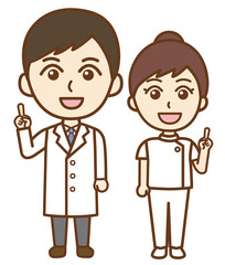 人差し指を立ててポイントを説明する医者の男性と看護師の女性の正面向き全身イラスト
