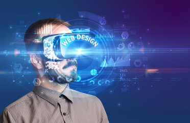 Businessman looking through Virtual Reality glasses with WEB DESIGN inscription, innovative technology concept