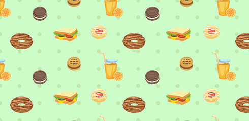 Green pastel sandwiches, Juice, cookies background. Seamless pattern.