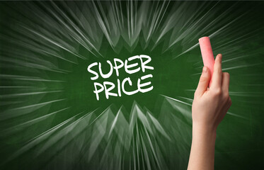 Hand drawing SUPER PRICE inscription with white chalk on blackboard, online shopping concept