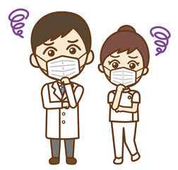 Okのジェスチャーをする医者の男性と看護師の女性の正面向き上半身イラスト マスクあり Wall Mural Murasaki