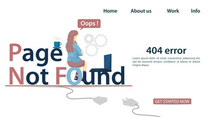 A girl with a laptop sits with her back to the screen on the inscription page not found banner for the design of a website Or Mobile applications error 404 Flat Vector Illustration