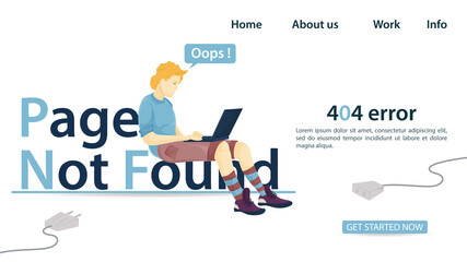 A guy with a laptop sits on the inscription page not found banner for the design of a website Or Mobile applications error 404 Flat Vector Illustration