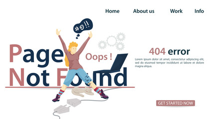 Girl with raised hands in front of laptop sitting on the inscription page not found banner for website design Or Mobile applications error 404 Flat Vector Illustration