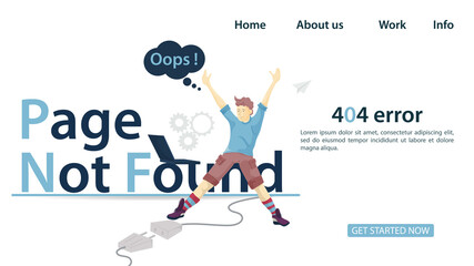 Guy with his hands raised in front of a laptop sitting on the inscription page not found banner for the design of a website Or Mobile applications error 404 Flat Vector Illustration