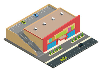 Isometric Supermarket Building with Car Parking.