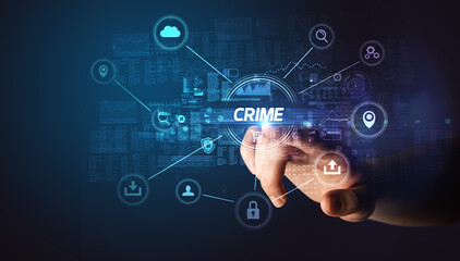 Hand touching CRIME inscription, Cybersecurity concept