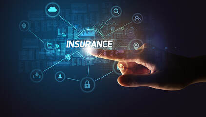 Hand touching INSURANCE inscription, Cybersecurity concept