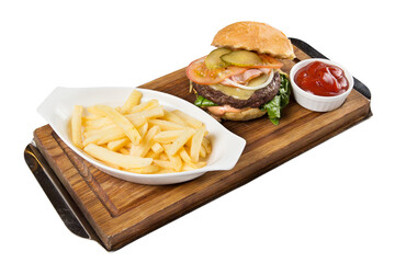 Restaurant service concept. Appetizing hamburger with French fries. Isolated.