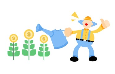 Obraz na płótnie Canvas clown and gold coin money farm plant cartoon doodle vector illustration flat design