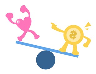 pink heart love and money gold coin dollar economy balance cartoon doodle flat design style vector illustration 