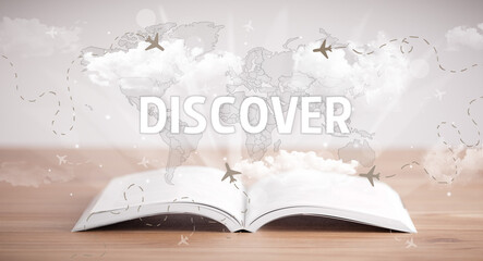 Open book with DISCOVER inscription, vacation concept