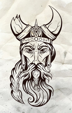 Vector sketch portrait of an ancient viking in a horned helmet on old paper. The head of a barbarian warrior with a beard and braid. Ink element for tattoo. Hand-drawn illustration for postcards.