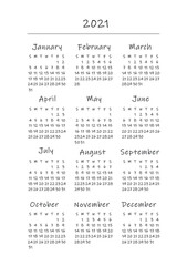 A5 format. Doodle style. Organizer and bullet journal printable page. Perfect minimalist calendar. 2021 year. Week starts at Sunday. European English Gregorian calendar. Planner sticker. Vector.	