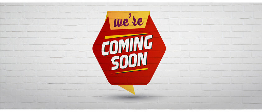 We are coming soon facebook and social media cover banner written on a red shape with white bricks background. Coming soon cover banner for facebook and social media. Arriving soon cover banner
