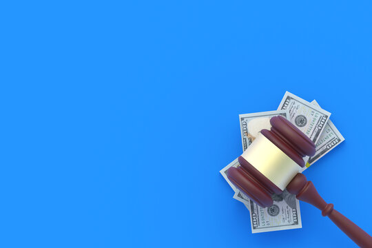 Judge gavel and cash on blue background. Payment for legal education. Bidding at auctions. Liability for corruption. Protection of rights. Law and fine. Tax avoidance. Property division. 3d rendering