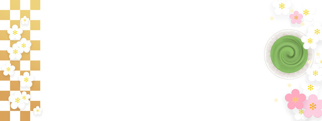 春のイメージ、白い梅の花と抹茶または緑茶に格子柄の背景
