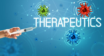 Syringe, medical injection in hand with THERAPEUTICS inscription, coronavirus vaccine concept