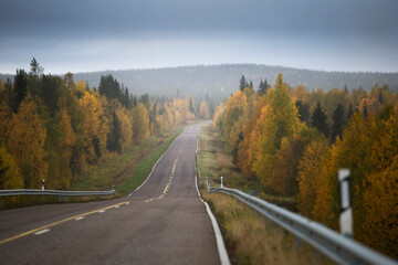 Lonely road through northern Norway, with beautiful fall colors in the landscape and under typical rainy weather