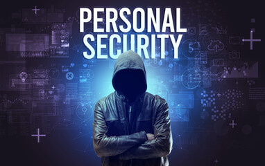 Faceless man with PERSONAL SECURITY inscription, online security concept