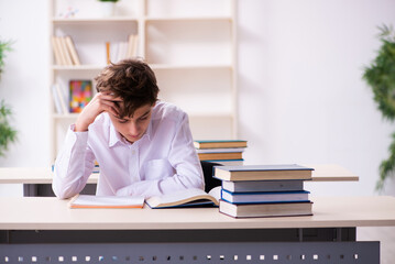 Schoolboy preparing for exams in the classroom