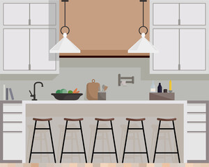 Modern kitchen interior with furniture and cooking devices. Cartoon realistic flat design of kitchen