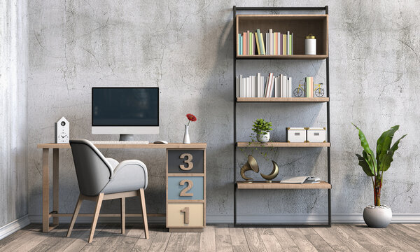 3D render of interior modern living room workspace with laptop computer