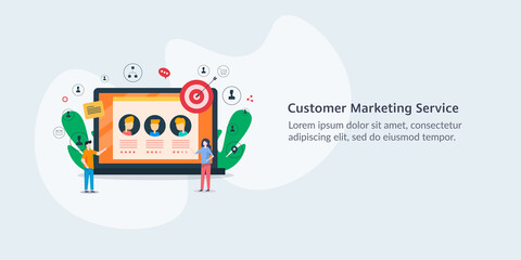 Customer relationship management, customer database and targeting new audience, marketing segmentation, business people working at office. vector illustration.