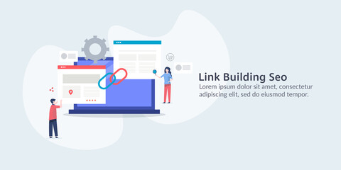 Seo marketing experts building links for better website visibility on search page. Link building seo campaign. Flat design vector illustration.
