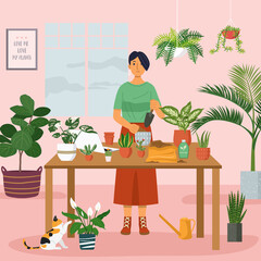Young woman planting indoor potted plants at home.
