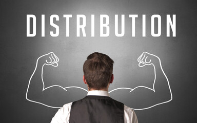 Rear view of a businessman with DISTRIBUTION inscription, powerfull business concept