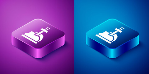 Isometric Sword in the stone icon isolated on blue and purple background. Excalibur the sword in the stone from the Arthurian legends. Square button. Vector.