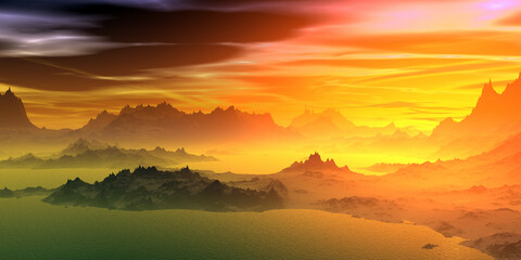 Alien Planet. Mountain and lake. 3D rendering