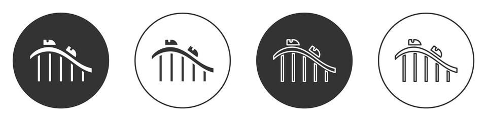 Black Roller coaster icon isolated on white background. Amusement park. Childrens entertainment playground, recreation park. Circle button. Vector.