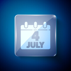 White Day calendar with date July 4 icon isolated on blue background. USA Independence Day. 4th of July. Square glass panels. Vector.