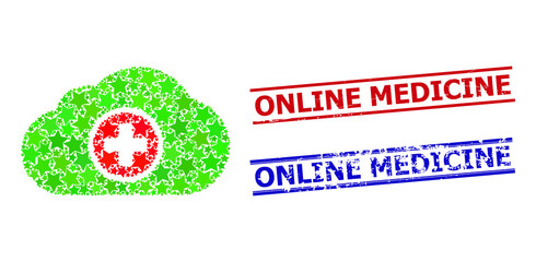 Medical cloud star pattern and grunge Online Medicine stamps. Red and blue stamps with grunge style and Online Medicine caption. Abstract medical cloud concept is done from random flat star items.