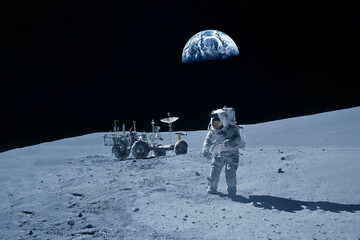 The astronaut performs manipulations on the lunar surface. Elements of this image were furnished by...