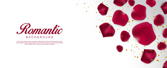 Realistic valentines day. Romantic Premium Vector background with red petals and confetti. Flatlay