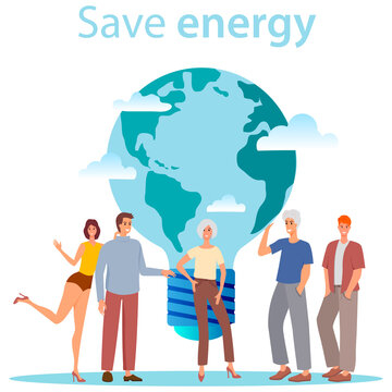 Save energy.People and planet Earth in the shape of a light bulb.The concept of energy saving environmental protection and eco-friendly fuel.Flat vector illustration.