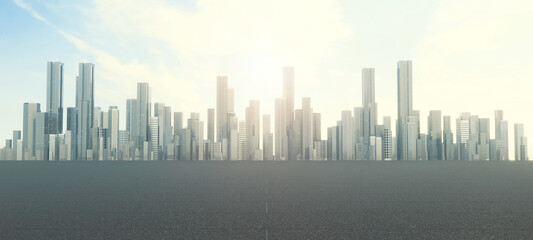 Fototapeta na wymiar 3D Rendering of dark asphalt road surface on mega city with many high buildings. Concept for car advertising, or technology product background