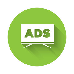 White Advertising icon isolated with long shadow. Concept of marketing and promotion process. Responsive ads. Social media advertising. Green circle button. Vector.