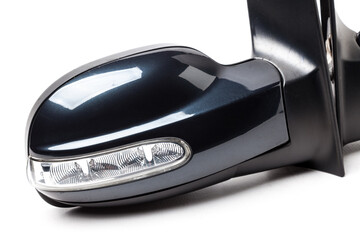 Close-up on a pair of side mirrors from a minibus with turn signal repeaters for repair and...