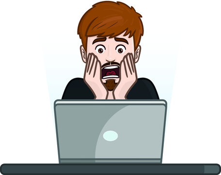 man looks scared into the laptop and grabs his face in fear. avatar, news, comic, vector, isolated.