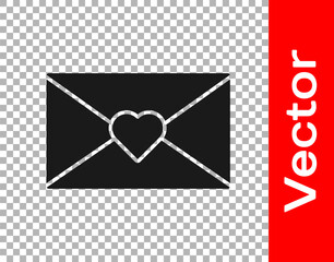 Black Envelope with Valentine heart icon isolated on transparent background. Message love. Letter love and romance. Vector.