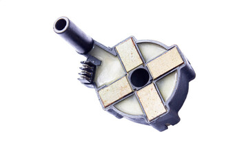 ignition coil of a distributor type car, on a white background.