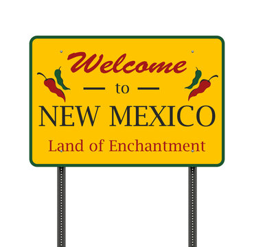 Vector illustration of the Welcome to New Mexico yellow road sign on metallic posts