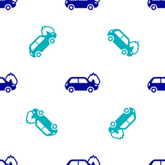 Blue Burning car icon isolated seamless pattern on white background. Car on fire. Broken auto covered with fire and smoke. Vector.