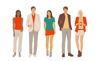 Fototapeta premium Set of young men and women, different colors, cartoon character, group of silhouettes of standing business people, students, the design concept of flat icon, isolated on white background