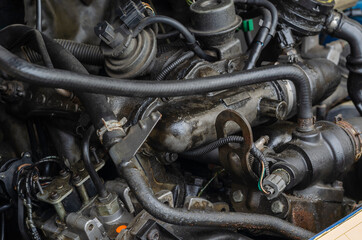 Car repair, car service concept. Fragment of  engine compartment of diesel truck.