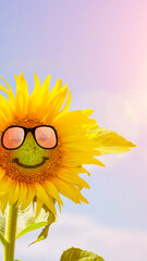 beautiful sunflower with sun glasses on a meadow. Hello summer